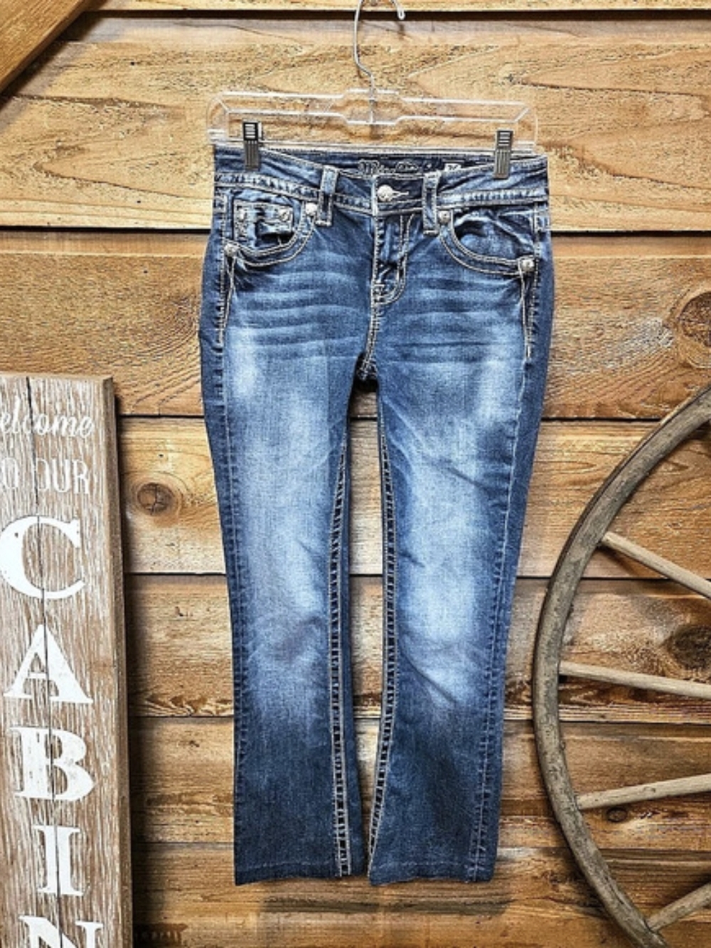 Miss Me Signature Mid-Rise Bootcut Embellished Flap Pocket Jeans Skinny Jeans